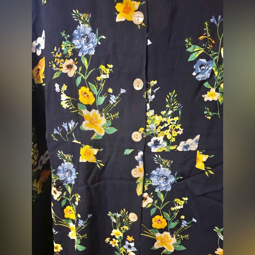 🎒BTS SALE📚 La Cera Navy Floral Button Front Midi Dress Pockets, 100% Rayon, XL - Picture 3 of 9